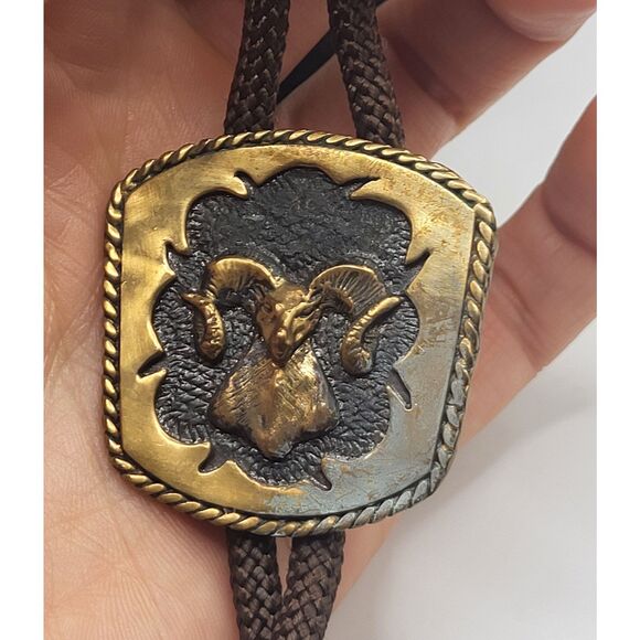 Estate Other - Vintage Bolo Tie Ram Bighorn Sheep Skull Design Bronze Brass 10K Gold PlatedTips